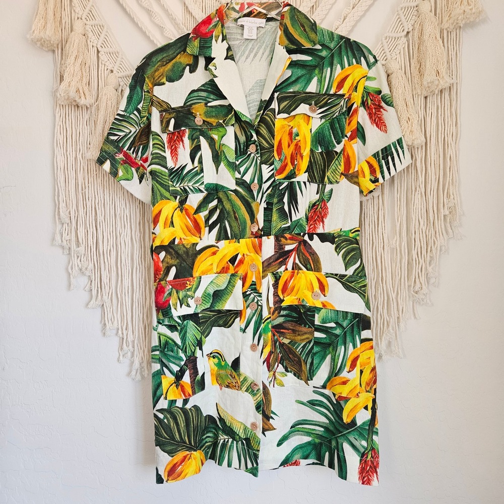 House of Harlow 1960 Tropical Linen Blend Button Down Utility Mini Dress XS - Picture 4 of 11